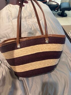 Striped Woven Tote Bag in Brown and Cream